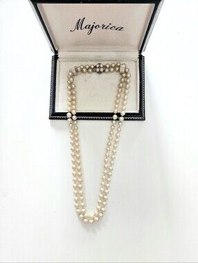 Vintage Majorica Double Pearl Necklace With 925 Silver Ornate Clasp- With Box
